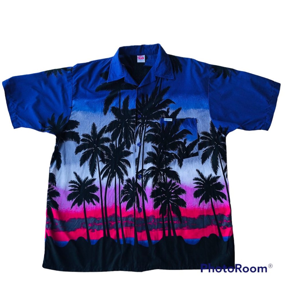 Vtg Dorsett Tee's Bahamas Hawaiian Shirt Mens XXL Purple Sunset Palm Trees Beach